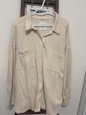 AERIE Cream Button-Up Shirt Jacket with Front Pockets